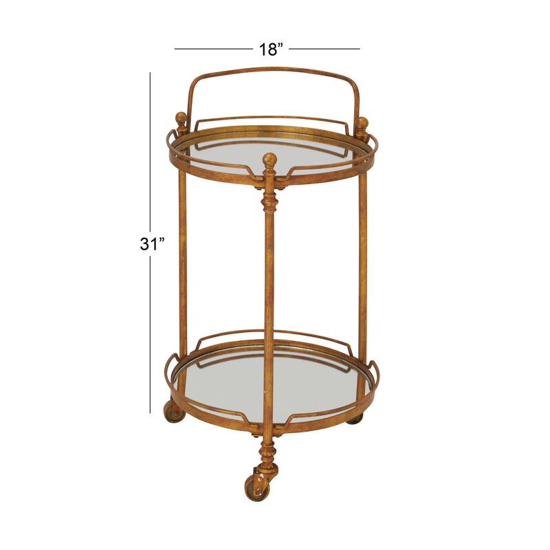 Brass Metal Rolling 2 Mirrored Shelves Bar Cart with Wheels and Handle