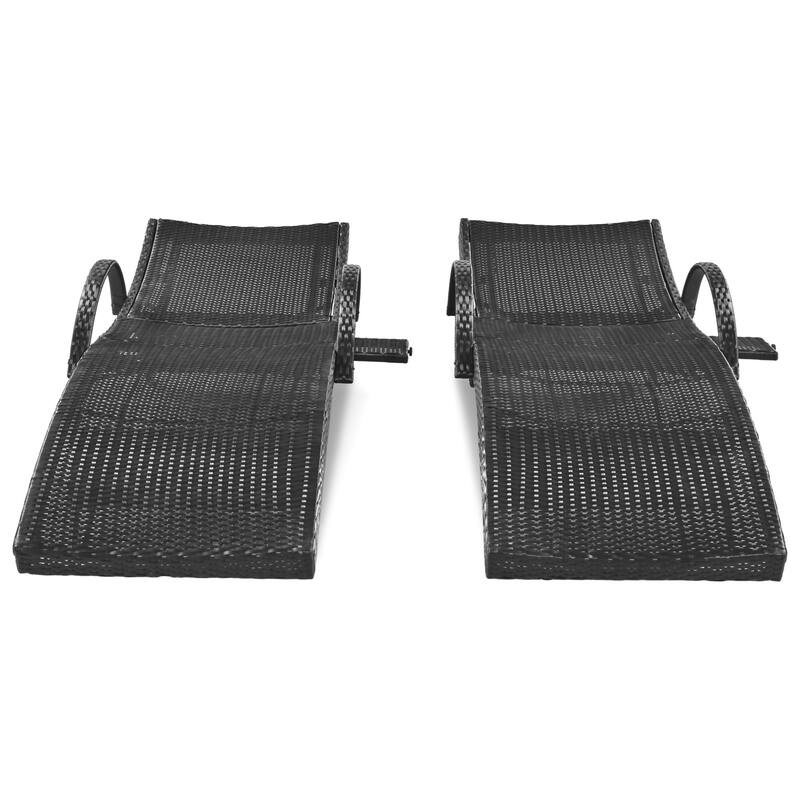 2 Pcs Outdoor Curved Wicker Chaise Lounge Chair, Reclining Chairs with Pull-Out Side Table & Adjustable Backrest