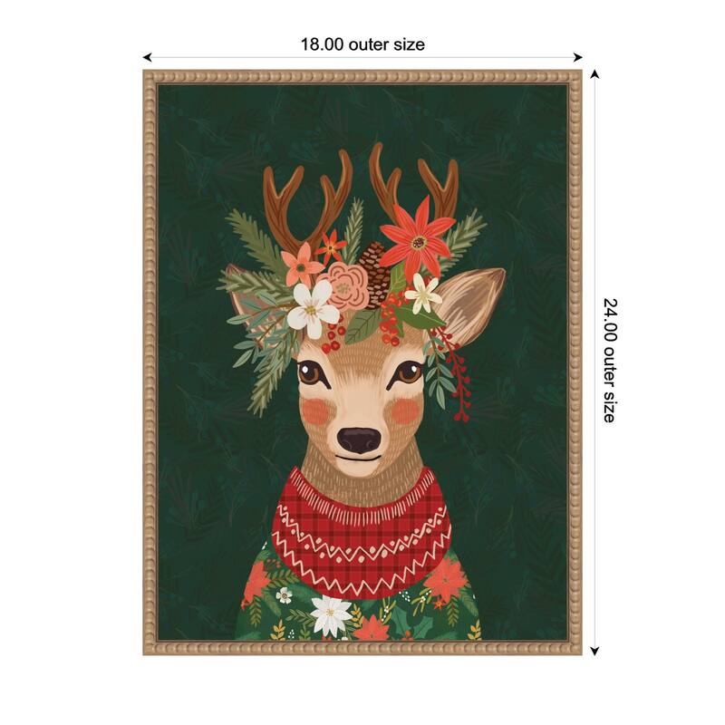 Kate and Laurel Sylvie Beaded Christmas Deer Framed Canvas by Mia Charro - Sylvie Beaded Rustic Natural