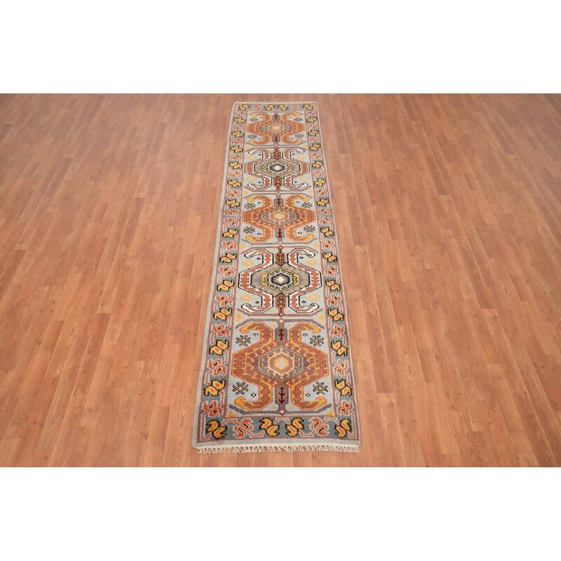 Hand Knotted Oriental 100% Wool Carpet Traditional Geometric Navy Blue & Blues Kazak Runner Rug - 10' 0'' X 2' 7''