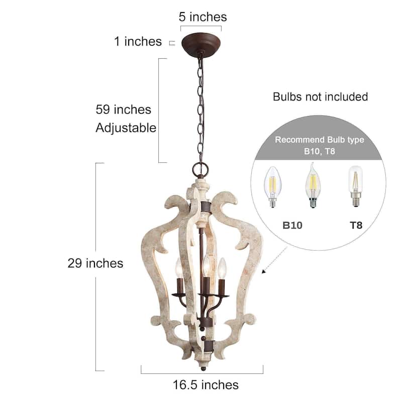 Modern Farmhouse 3-Light Wood Lantern Chandelier for Kitchen Island - W16.5" x H29"