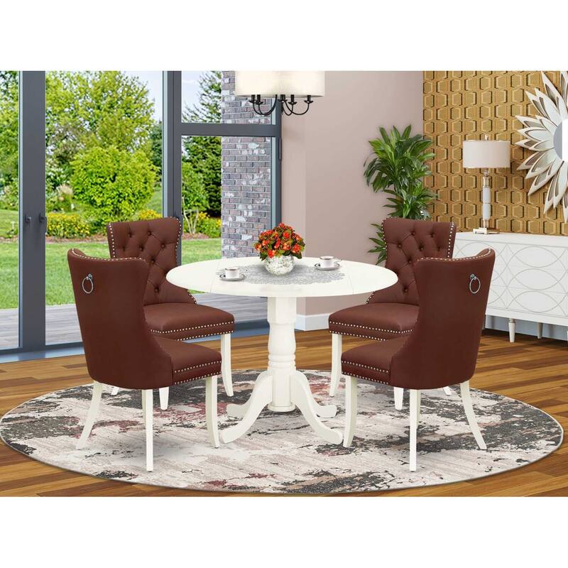 Round Dinette Set with 4 Chairs - Linen White Kitchen Table & Parson Chairs