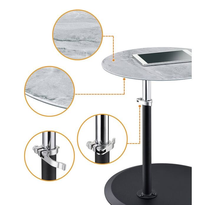 15.5"W Height Adjustable End Table Marble Glass Top Couch Desk Compact Design
