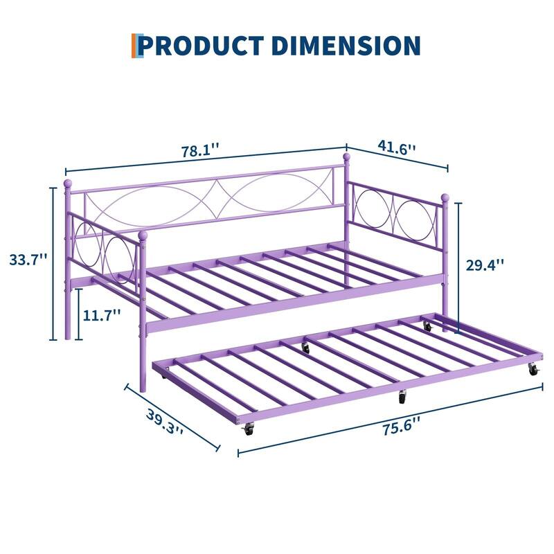 Metal Day Bed Twin Trundle Bed Frame, with Premium Steel Slat Support
