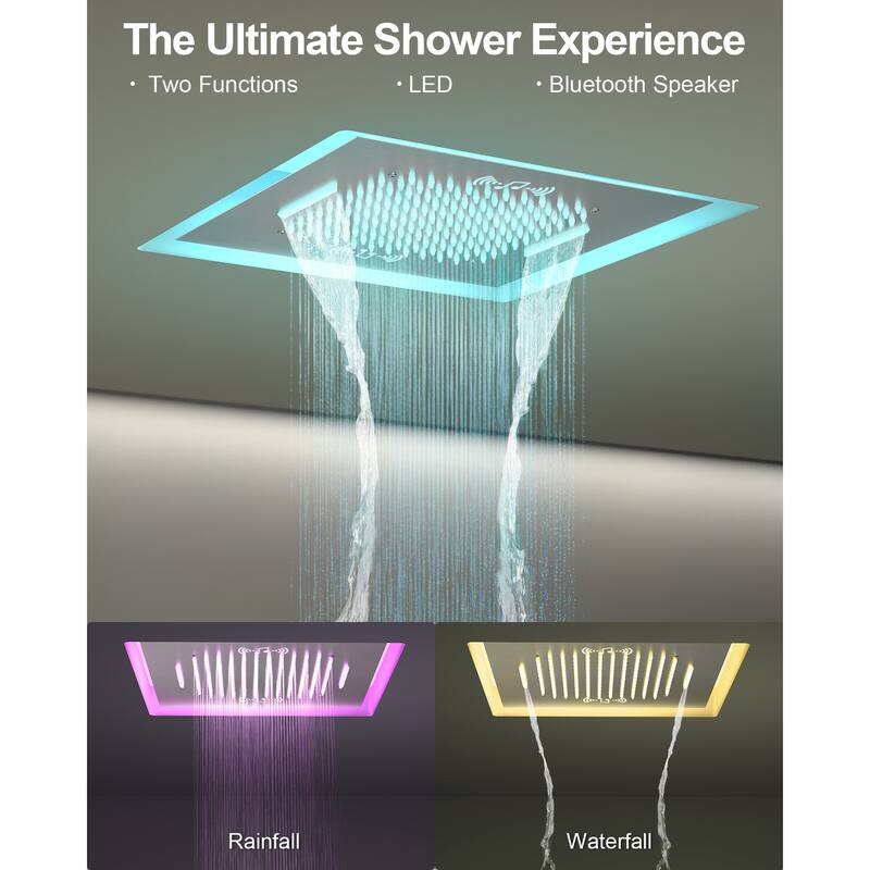 GRANDJOY Thermostatic Shower System 20" Ceiling Mount Shower Head Handheld Spray and Body Jets Combo LED Music