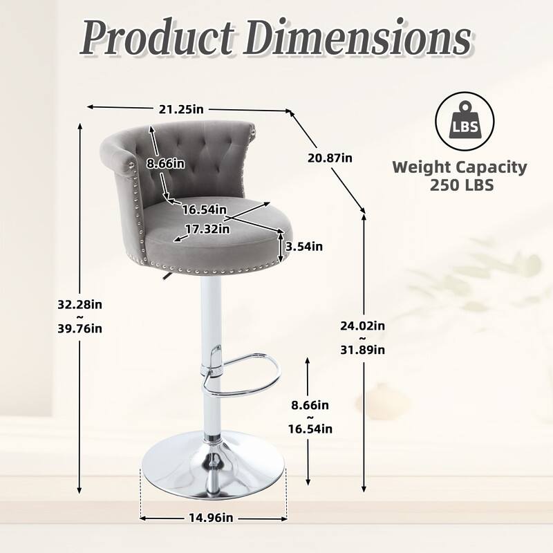 Set of 2, Adjustable Swivel Velvet Bar Stools with Silver Plated Metal Leg