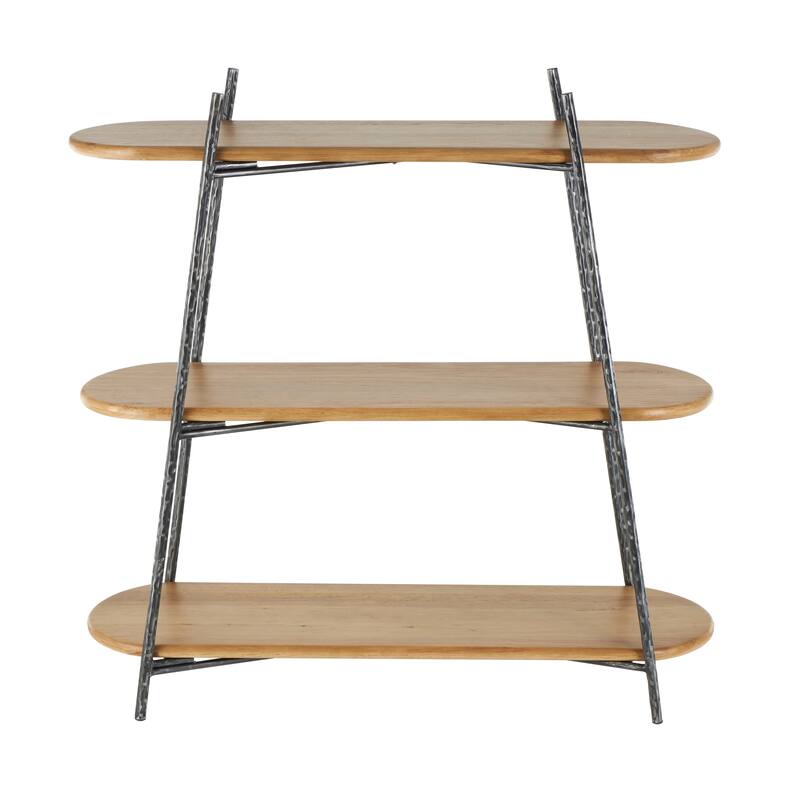 Brown Wood Oval Shaped Shelving Unit with Black Metal Frame