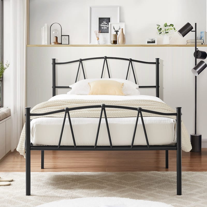Javlergo Vintage Metal Platform Bed Frame with Headboard and Footboard, Heavy Duty Slat Support/No Box Spring Needed - Black - Twin