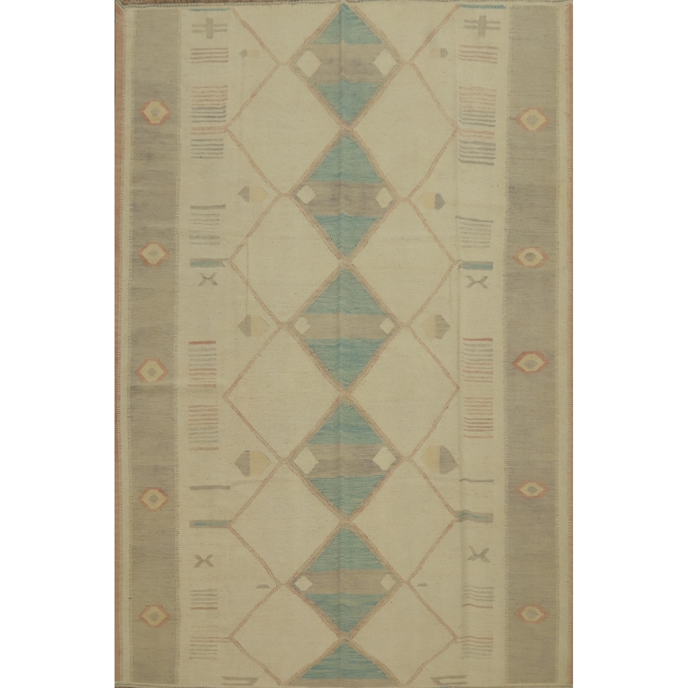 Hand Woven Oriental 100% Wool Carpet Southwestern Tribal Beige & Ivories Kilim Area Rug - 9' 10'' X 8' 0''