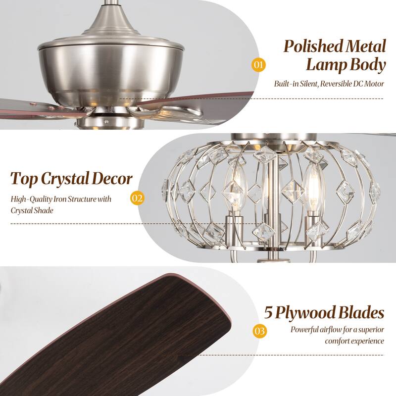 Sofucor 52" Ceiling Fan with Light Remote, Classical Crystal Chandelier fan, 5 Reversible Blades & Reverse Airflow - 52 Inches