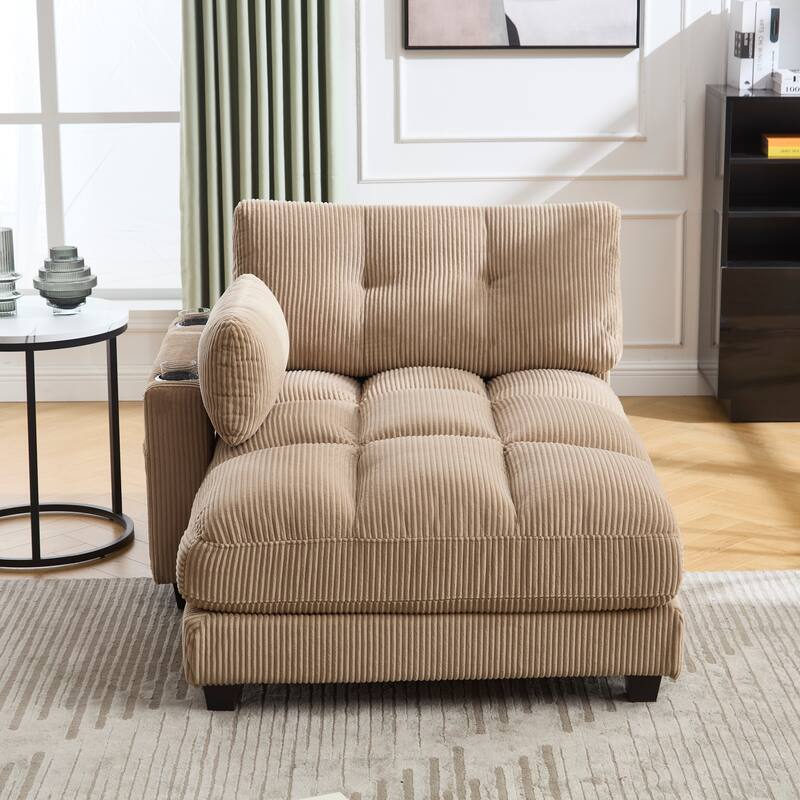 Oversized Corduroy Upholstered Single Chaise Lounge Sofa Couch Switchable Armrest with Cup Holders, USB Ports and Pockets