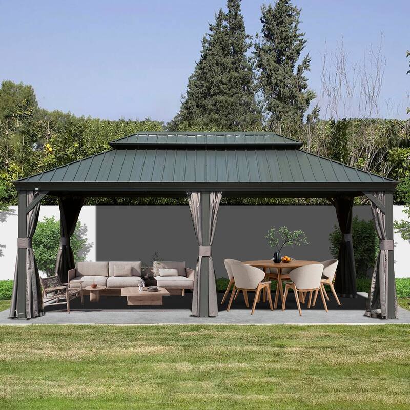 12' X 18' Hardtop Gazebo with Galvanized Steel Double Roof, Aluminum Frame, Curtains and Netting for Patio, Deck, Garden, Grey