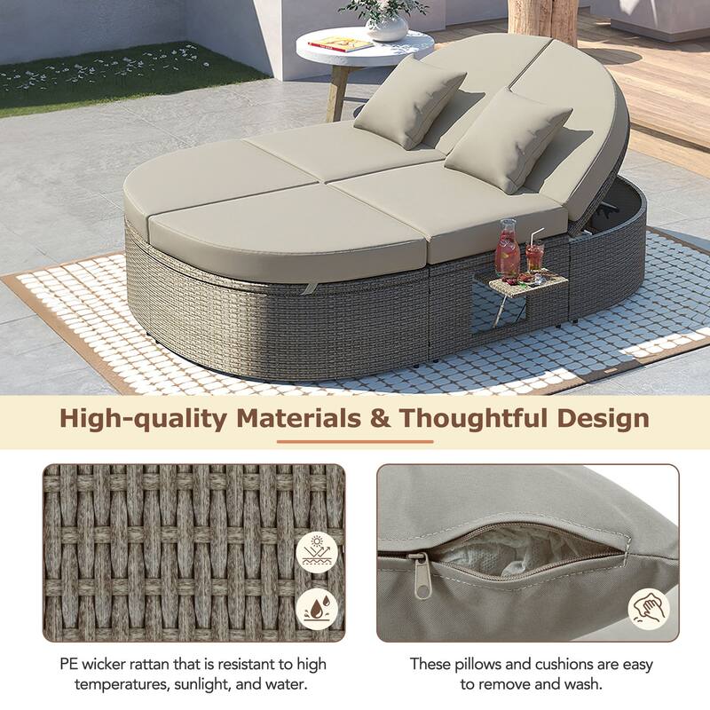 Gray PE Rattan Outdoor Daybed with Foldable Cup Trays and Adjustable Reclining Backrests, Removable Cushions, Set for 2