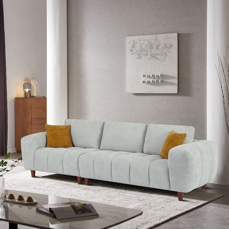 Modern Polyester Fabric Upholstered 3-Seater Sofa with Two Pillows - Grey