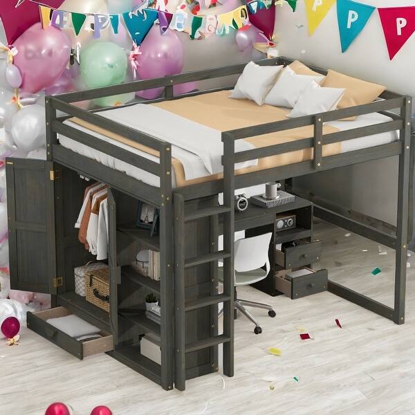 slide 2 of 17, Full Size Loft Bed with Built-in Wardrobe, Desk, Storage Shelves and Drawers-Gray Gray