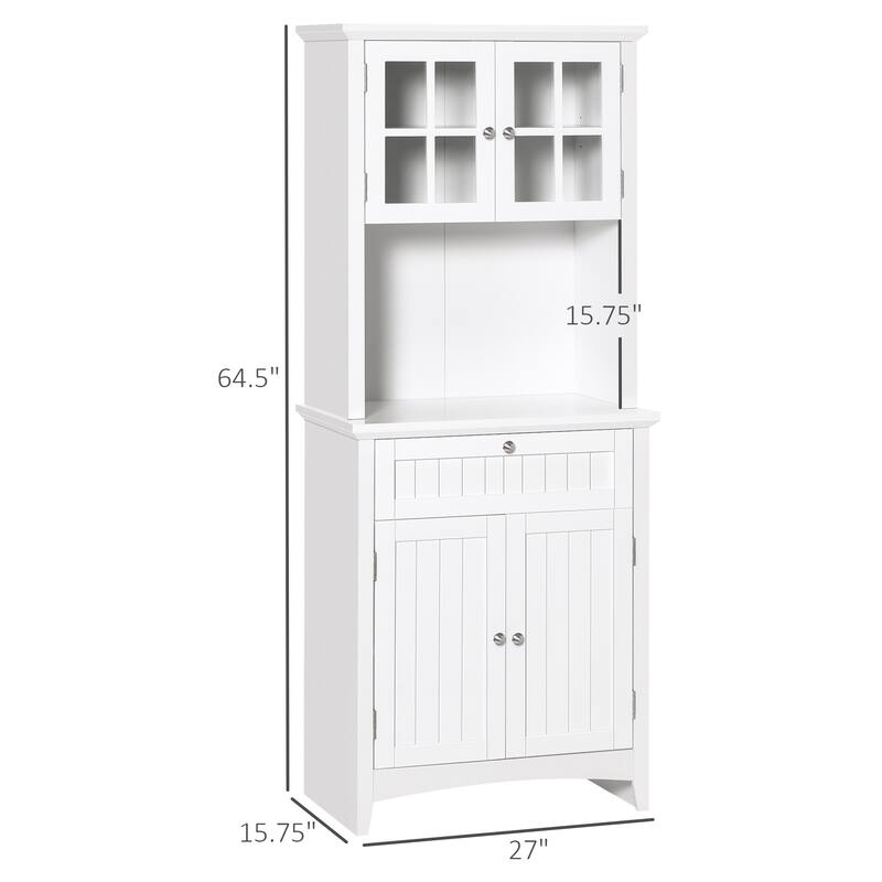 Kitchen Pantry Storage Cabinet with Framed Glass Door Drawer and Microwave Space