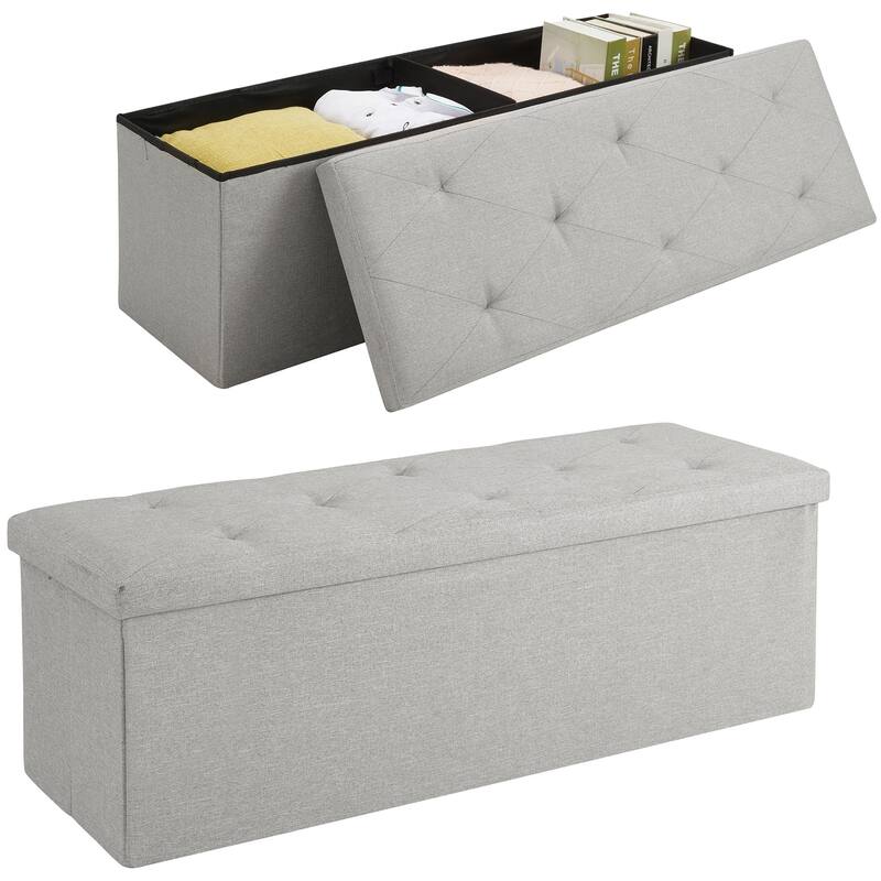 VECELO Set of 1 or 2 Foldable Storage Ottoman Bench 43" Fabric Ottoman with Lid Multi-Functional Folding Ottoman for Living Room - Grey - 2-Pack