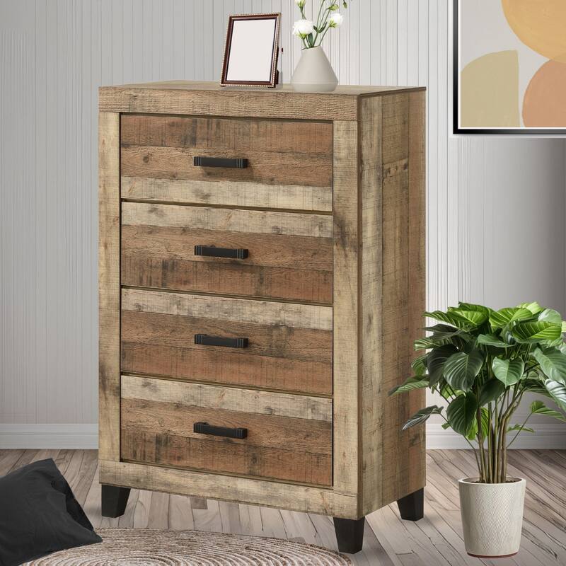 Biloxi Antique Natural Wood Slim Profile 4 Drawer Chest - Brown
