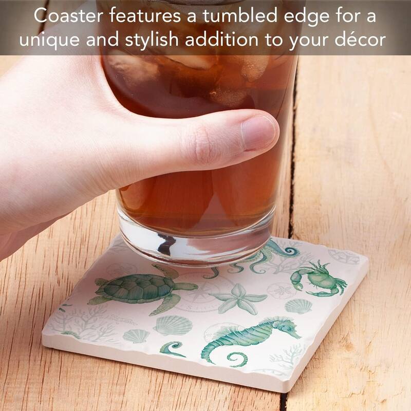 Absorbent Stone Tumbled Tile Coasters, Beach Therapy Sealife, Set of 4