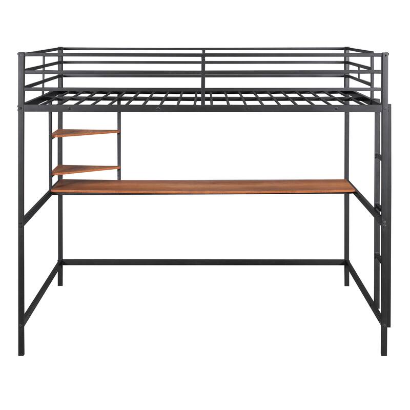 Full Metal Loft Bed with Desk & Shelf - Black, Space-Saving Functional Furniture for Bedroom