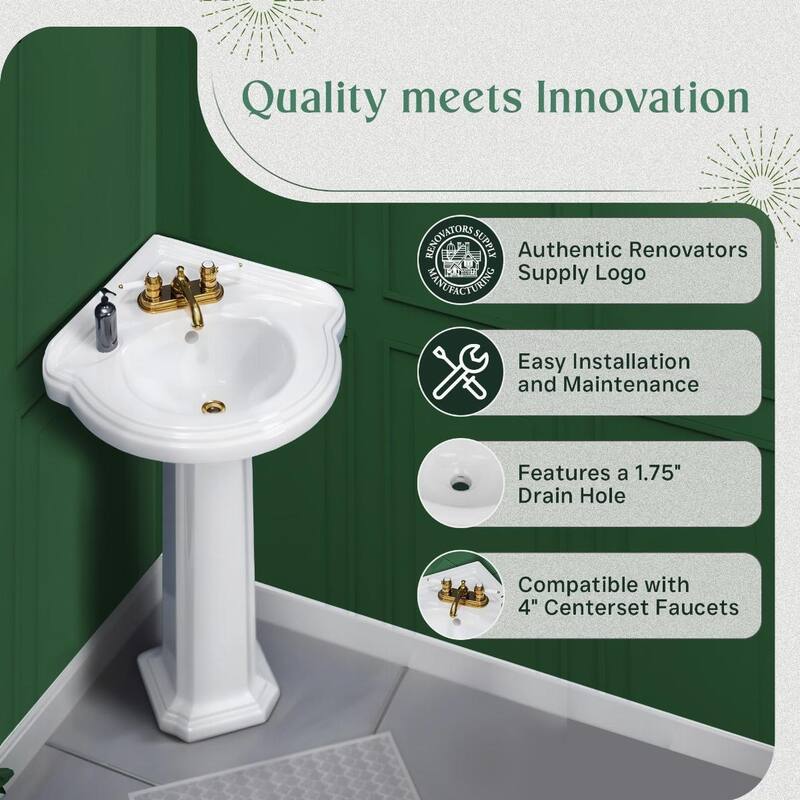 Portsmouth White Porcelain Corner Pedestal Sink with Overflow and 4 in. Centerset Faucet Holes