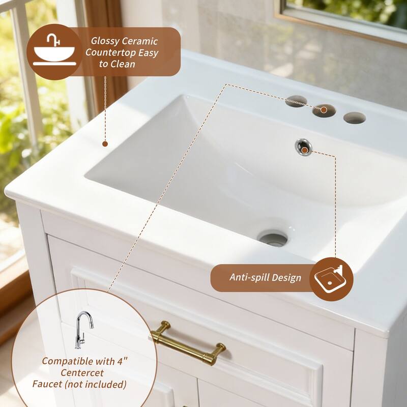 24" Bathroom Vanity with Integrated Ceramic Sink, 2 Doors & 1 Tip-Out Drawer for Small Bathrooms, Single Sink Vanity