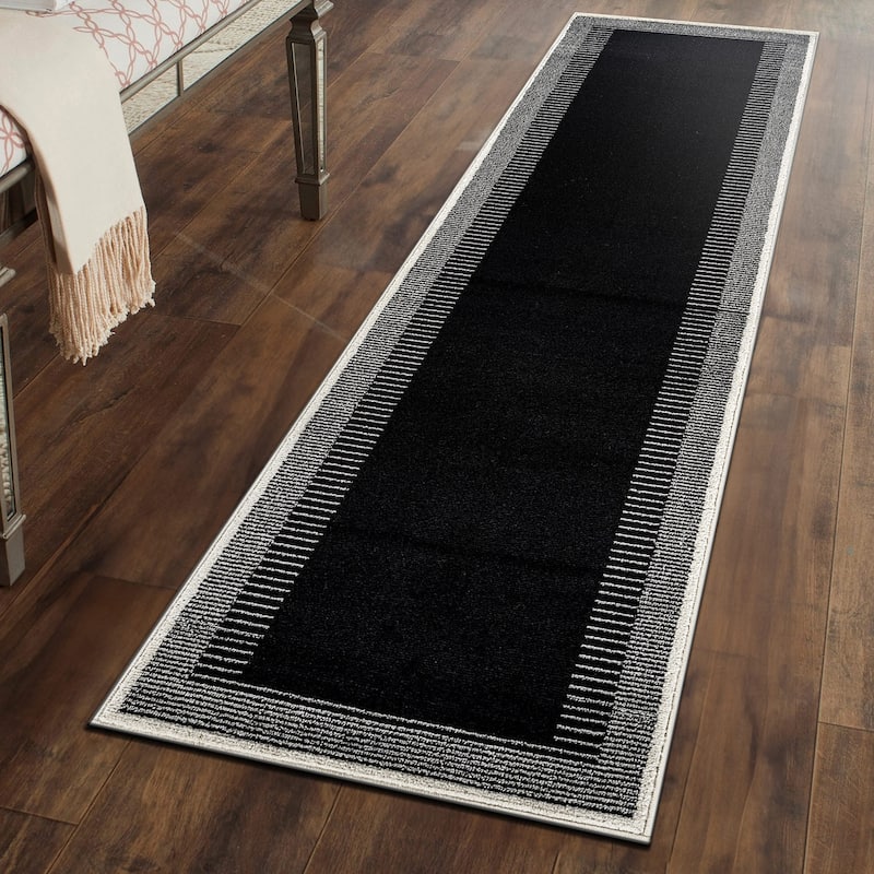 World Rug Gallery Modern Abstract Bordered Area Rug for Living Room, Bedroom, or Entryway - Low Pile Indoor Rug - Black - Runner - 2'3" x 8'