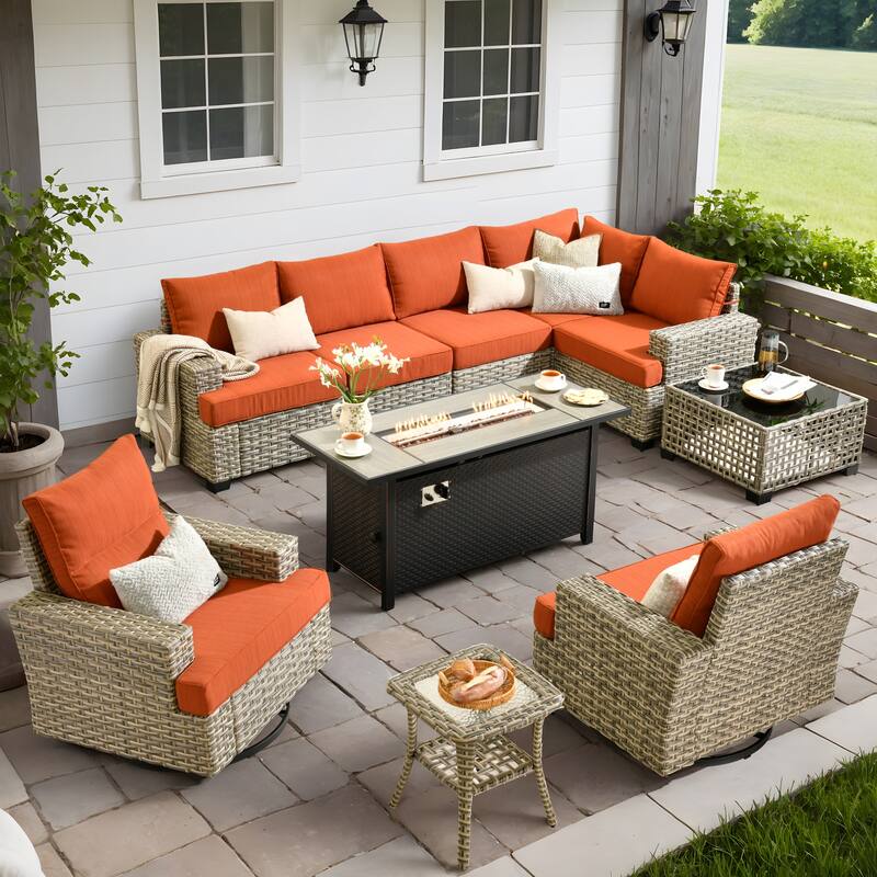 OVIOS 10 Pieces T shaped Seat Wide Armrest Swivel Chair Set With Solar-Powered Table&Fire Pit