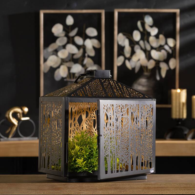 Forest Cut Metal Lantern with Gold Accent 12"H