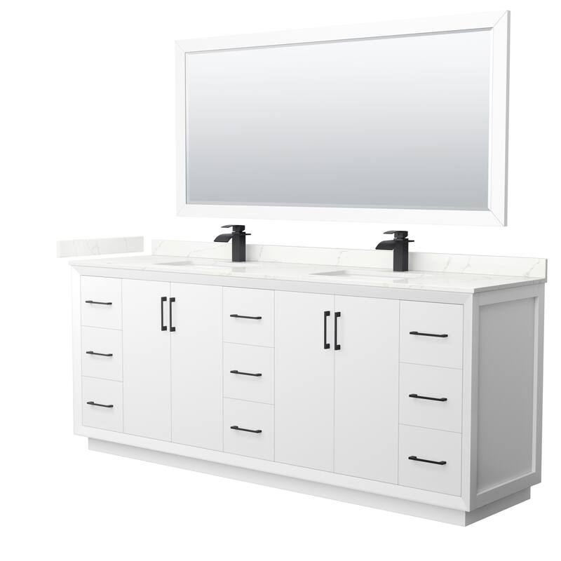 Strada 84-inch Double Vanity, Quartz Top, 70-inch Mirror - White, Black Trim, Giotto Quartz Top