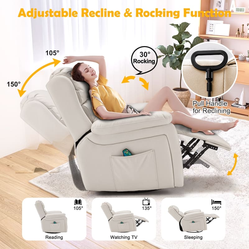 Heated 360° Swivel Massage Recliner Chair - Luxury PU Leather Reclining Sofa with Side Pocket for Living Room