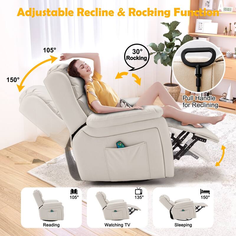 Heated Massage Recliner Chair with 360° Swivel, Rocking Feature, and Side Pocket for Living Room