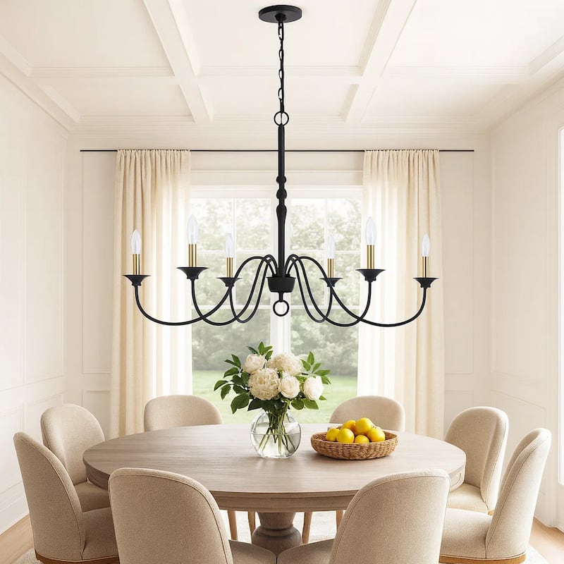 Rino 36 Inch Chandelier, Brass Candelabra Sleeve Accents, Black Metal