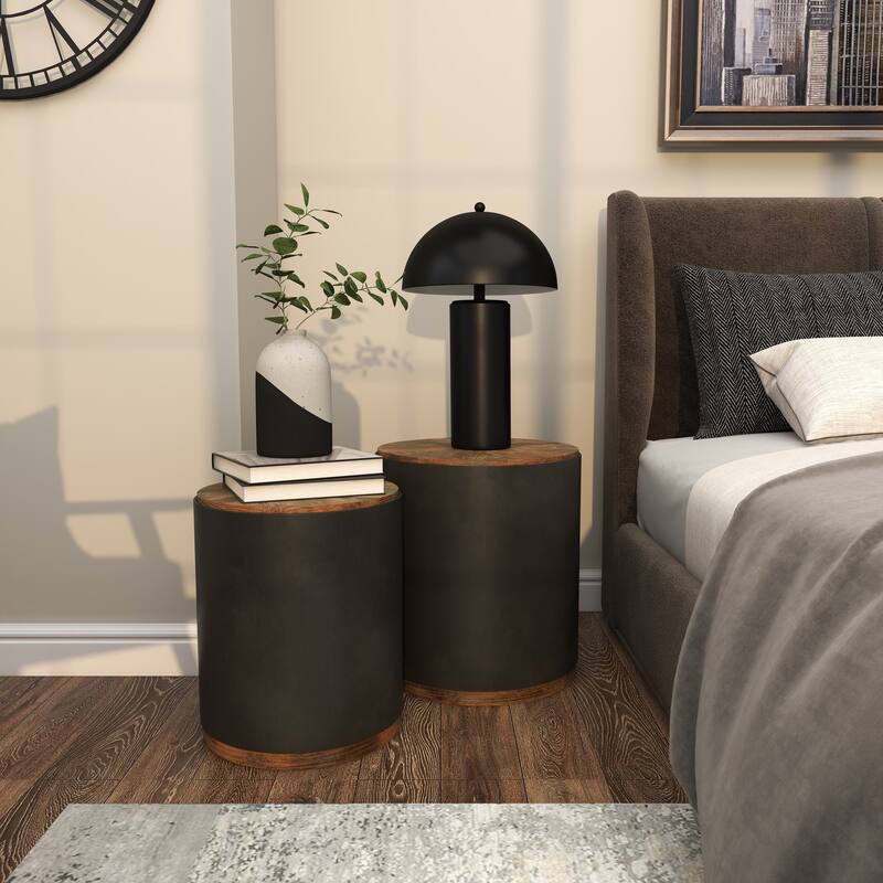Metal Side End Accent Table with Brown Wood Top - Set of 2 Black - Roche River Decor