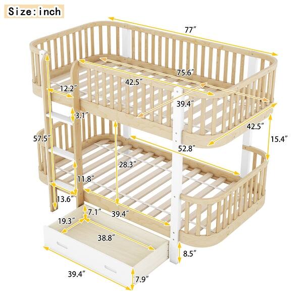 dimension image slide 0 of 2, Wood Twin over Twin Bunk Bed with Fence Guardrail and a Big Drawer