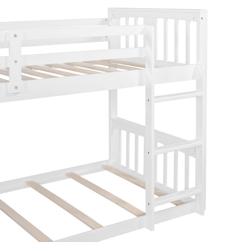 Twin Over Twin Floor Bunk Bed with Ladder, Solid Wood Bunk Bed Frame with Full-Length Guardrail, Detachable into 2 Separate Beds