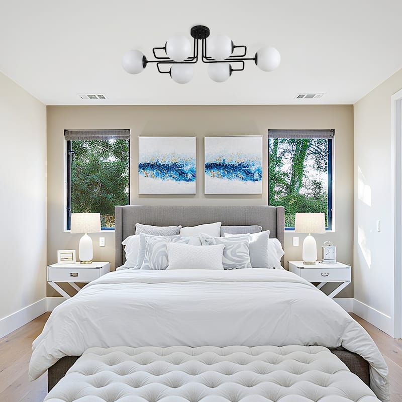 Mid - Century Modern 4 - Light Chandelier, Brass Frame with Glass Globes