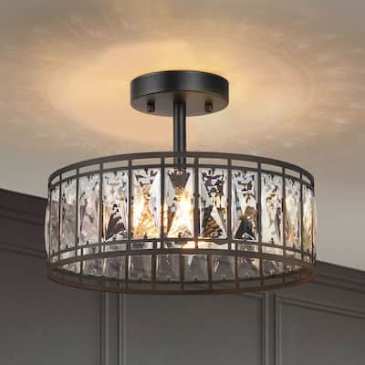Cirstal 2-Light Modern Black Drum Crystal Chandelier Semi-Flush Mount Ceiling Lights - D12.5"x H 9.5"