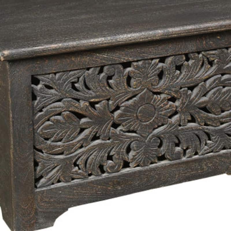 HomeRoots 52" Black Distressed Solid Wood Carved Floral Storage Ottoman