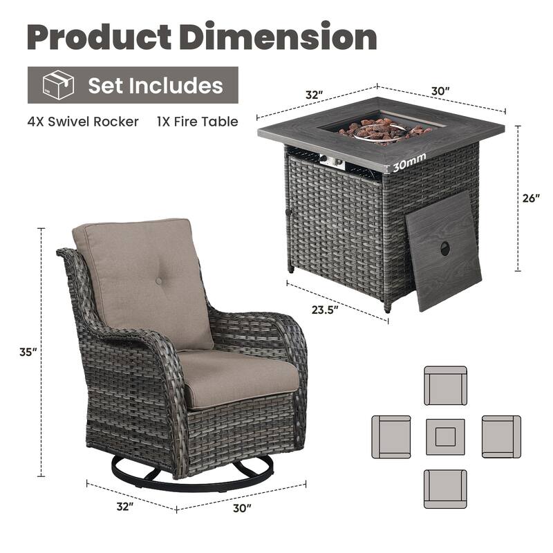 Gymojoy 5-Piece Outdoor Wicker Patio Furniture with Fire Pit Table, Rattan Coversation Set with Water Resistant Thick Cushions