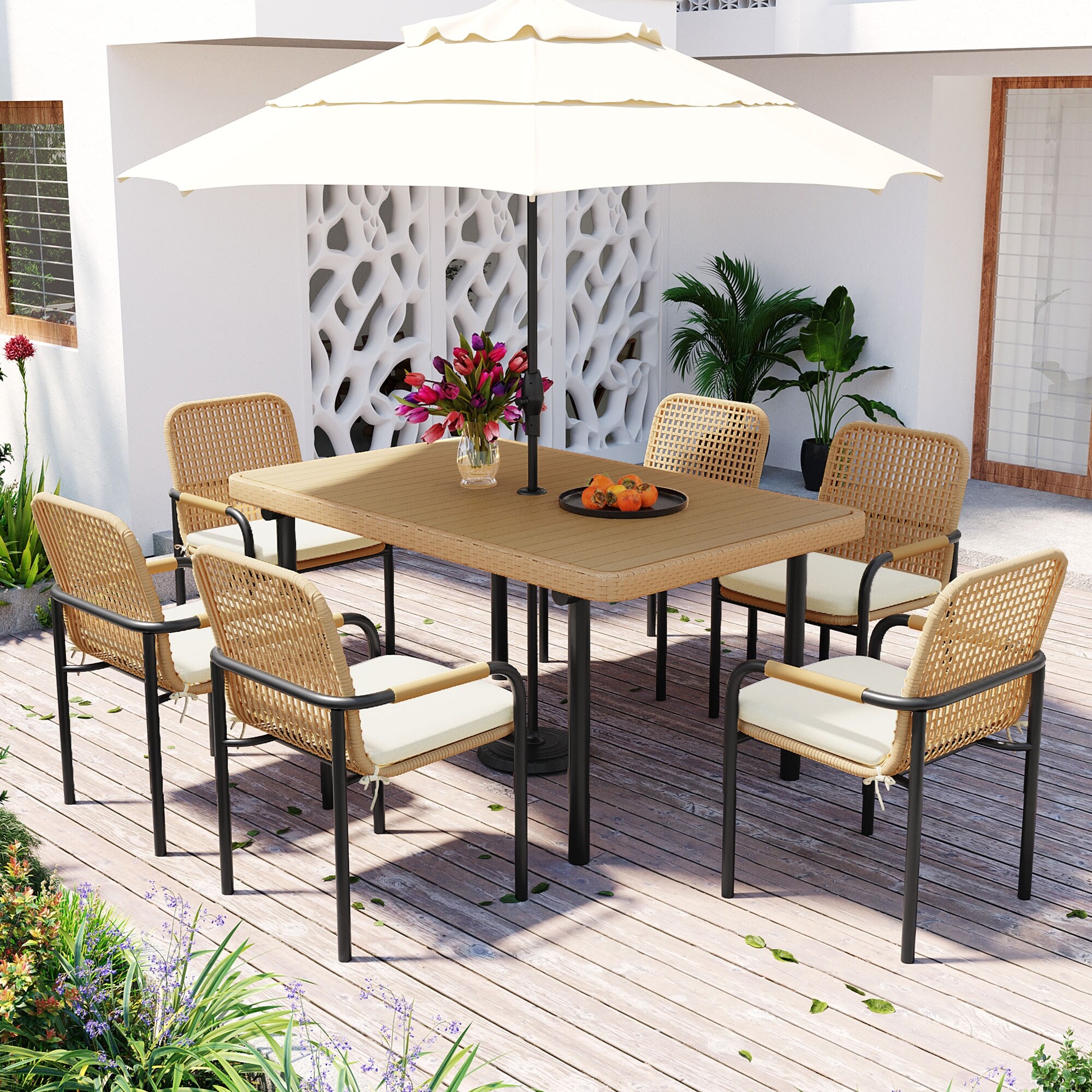 7-Piece Outdoor Wicker Dining Set with Cushioned Chairs and