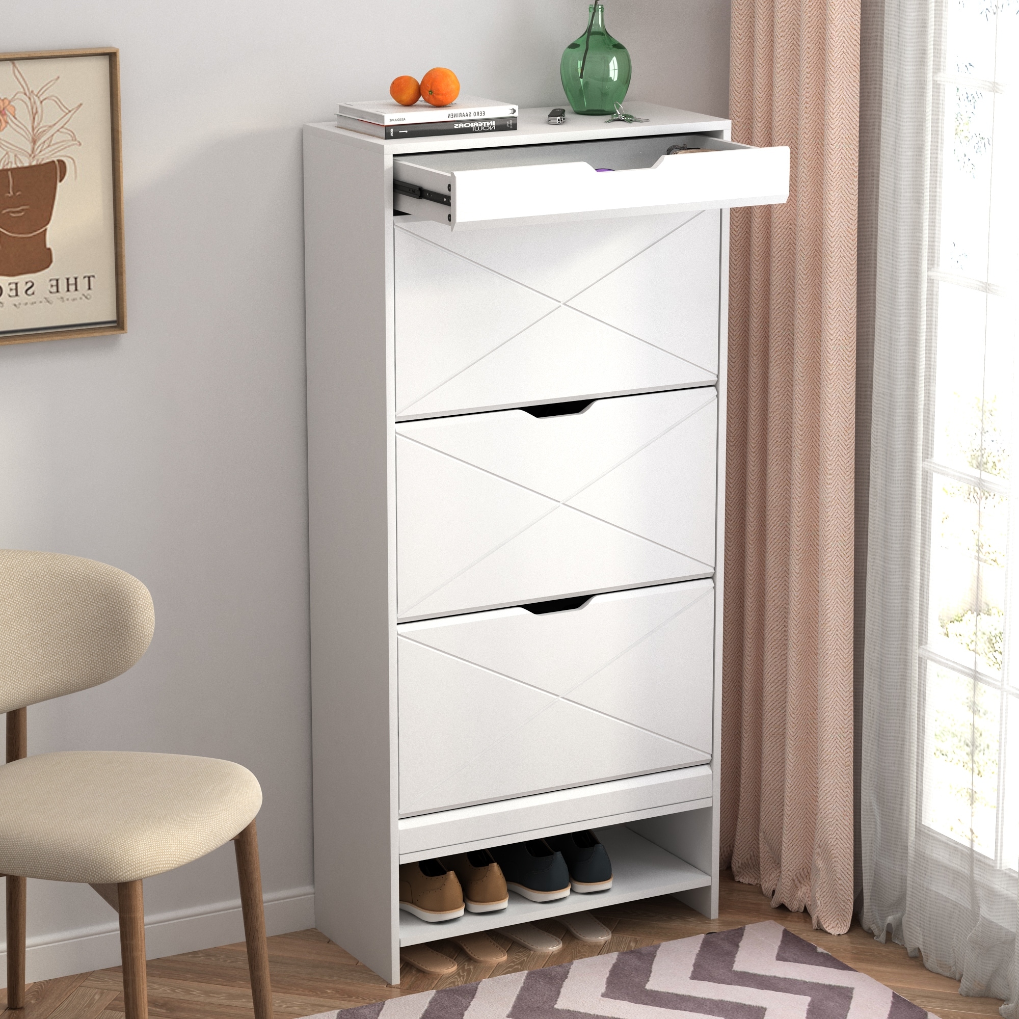 MDF Wood 3 Tier Tipping Bucket Shoe Storage Cabinet White Finish