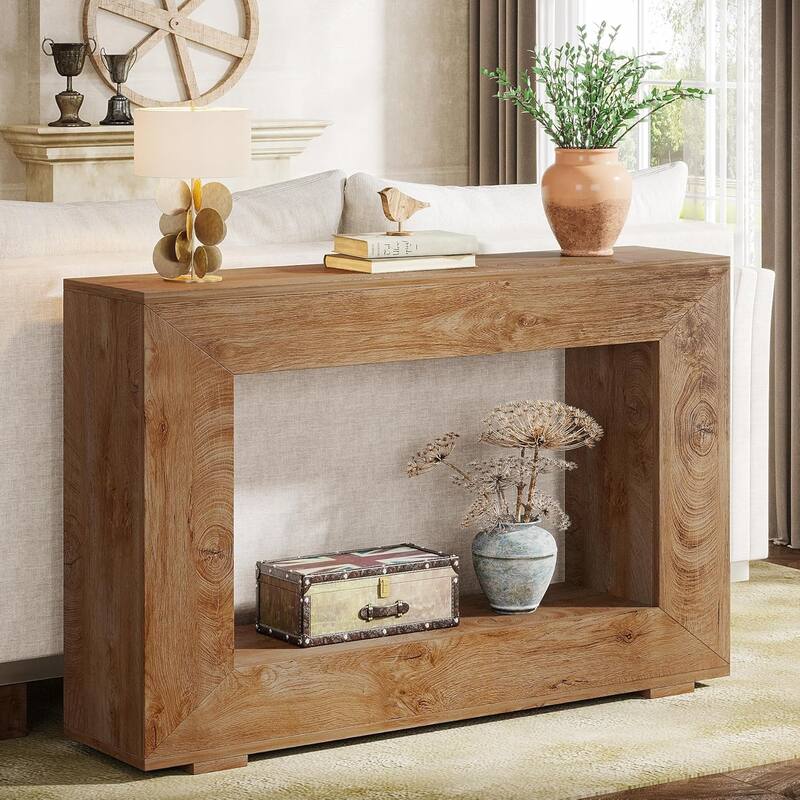 47" Farmhouse Console Table, Entryway Console Table with Storage, Industrial Hallway Accent Table for Living Room, Entrance - Natural Wood