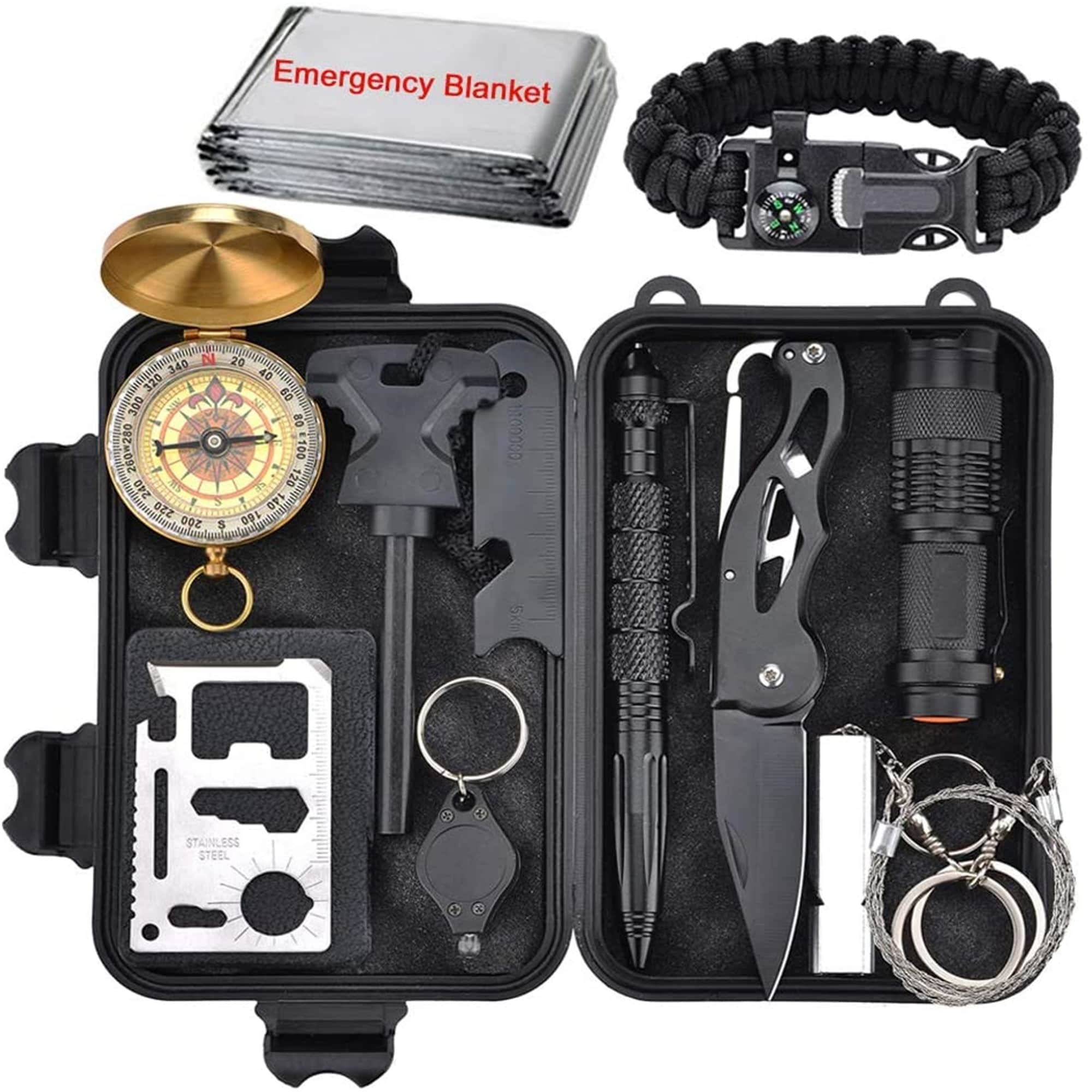 Emergency Survival Kit 13 in 1, Outdoor Survival Gear Tool - Black - 7 x 2 x 4.5 inches