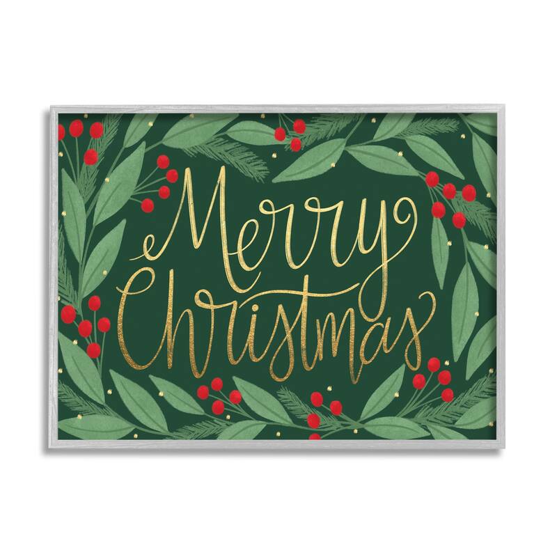 Stupell Merry Christmas Festive Sentiment Chic Holiday Holly Framed Wall Art - Green - 11 x 14 - Grey