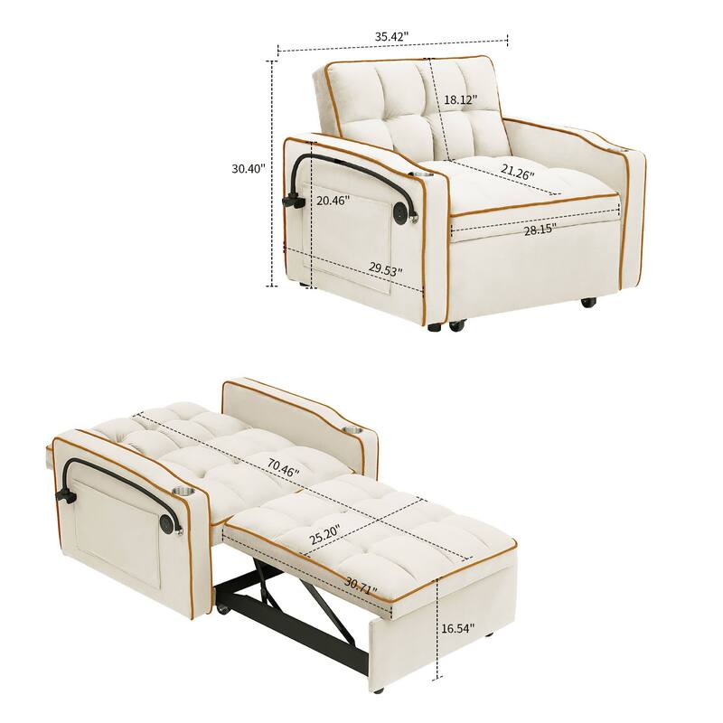 Multifunctional Velvet Upholstered Convertible Storage Futon Chair with Swivel Phone Stand