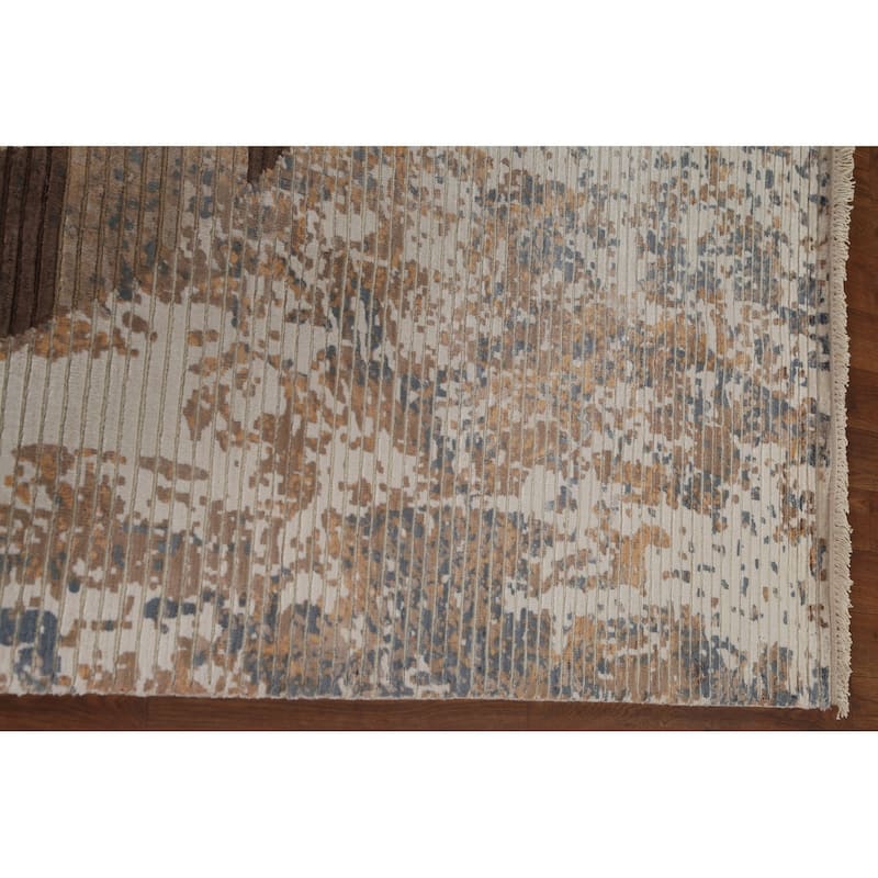 Striped Beige Abstract Oriental Area Rug Handmade Wool Carpet - 6'6"x 9'1"