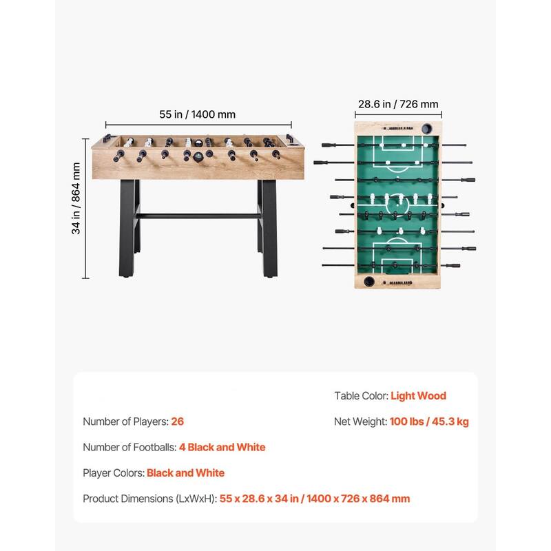 Light Wood MDF Foosball Table with 26 Players, Anti-Slip Handles and Adjustable Legs - 55x28.6x34 in