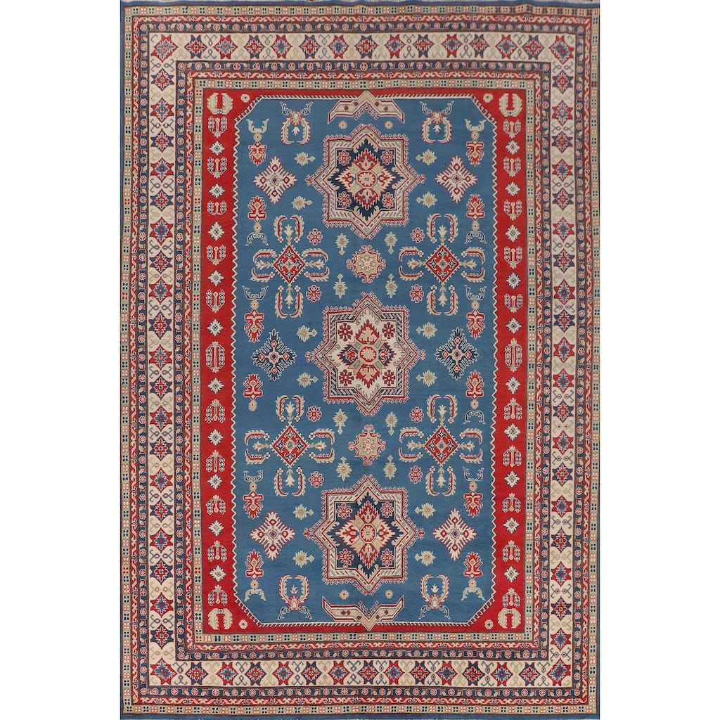 Blue Geometric Kazak Large Area Rug Hand-Knotted Wool Carpet - 9'9" x 13'2"