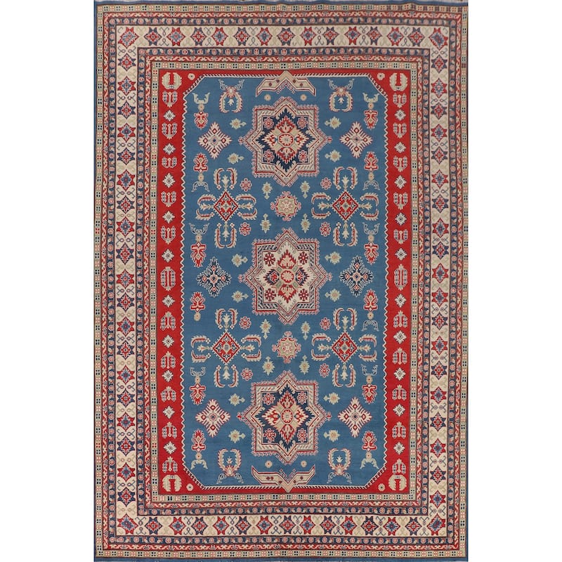 Blue Geometric Kazak Large Area Rug Hand-Knotted Wool Carpet - 9'9" x 13'2"